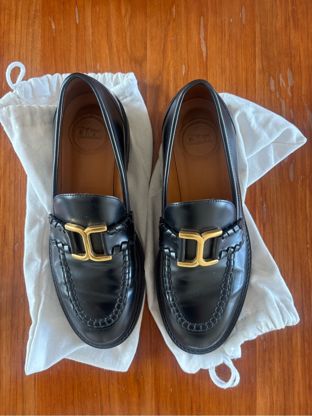Chloe Black Leather Loafers with Gold Buckle - Picture 2 of 7